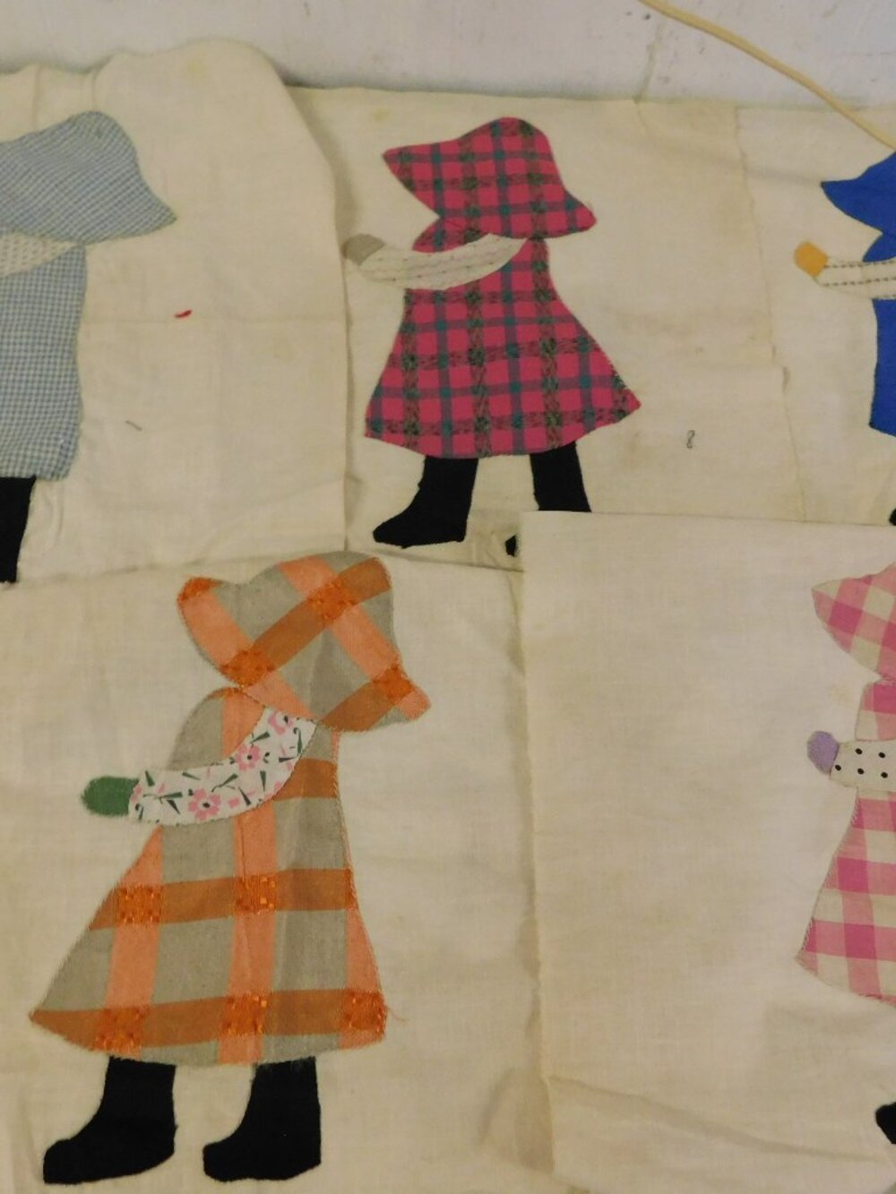 5 Vintage Handmade Quilt Blocks Girl in Bonnet Set 12 " Square